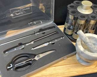 Trusted Butcher Knife Set, Cutting Board, Mortar Pestle, Kitchen Aid Spice Rack