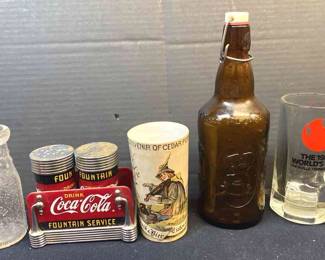 Vintage Bottles, CocaCola Salt And Pepper Shakers, And Souvenir Cup
