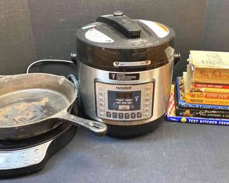 Nuwave Pressure Cooker, Cookbooks, Cast Iron Skillet, and Nuwave Portable Cooktop 