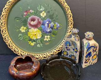 Hand Painted Tray, Ash Tray, and Decorative Vases 