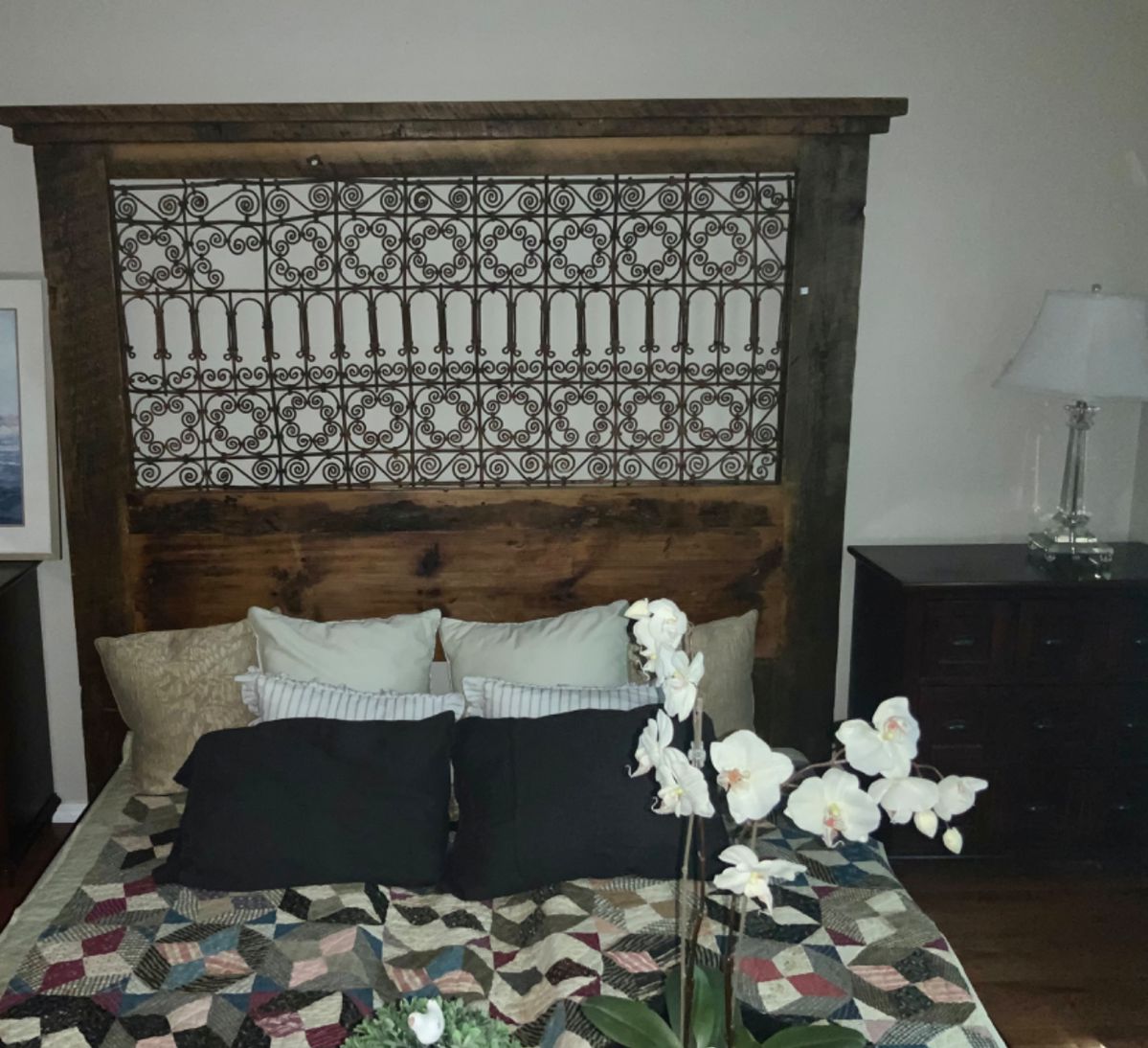 King size unique headboard made from antique window grill!