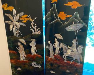 Four panel Asian inlaid lacquer wall hanging.