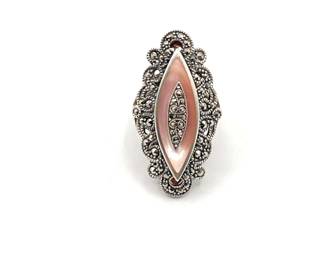 Sterling 925 Marcasite & Pink Pearl Ring Size 6
