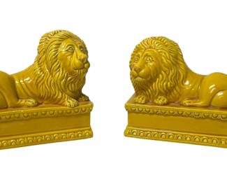 Pair of Glazed Lions Reclining on Plinth Italian Pottery
