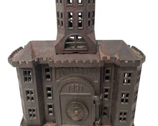 Vintage Cast Iron Penny Bank "Tower Bank 1890"
