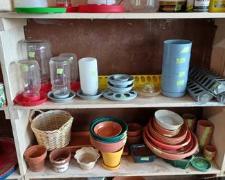 Chicken feeders and flower pots