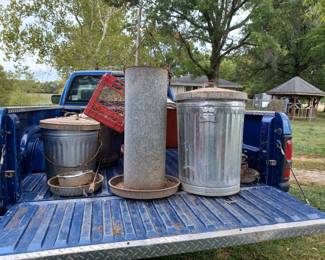 Chicken coop feeders and trash can