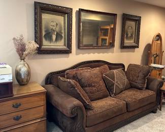 Sofa, end table, antique framed B&Ws