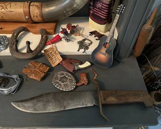 Western Bowie Knife, miniature Gibson J45 Guitar and Cowboy/Western Items