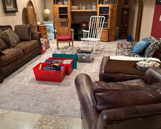 Living room furniture, records, comic books