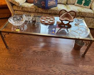 Vintage brass coffee & end tables w/ grooved glass tops