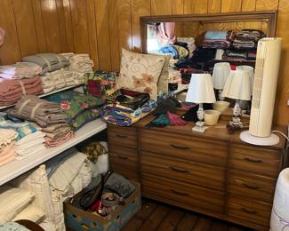 Excellent mid-century dresser & mirror (and more linens!)