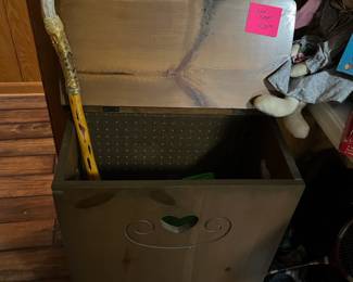 Pine clothes / towel hamper and a cedar cane w/ antler handle and snake banding!