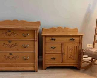 Antique Eastlake Wash Stand, Dresser, And Rocking Chair