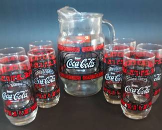 CocaCola Glass Pitcher And Tumblers