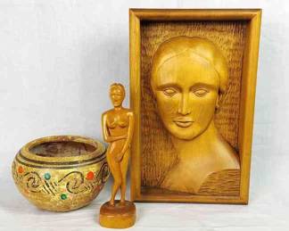 David Ulmer Hand Carved Wooden Female Forms With Pottery Bowl