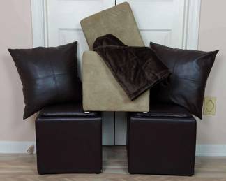 Footstool Storage Cubes With Faux Leather Pillows And Throw Blanket