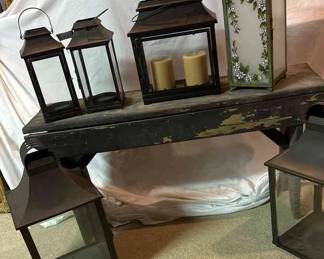 Metal Lanterns And Primative Bench