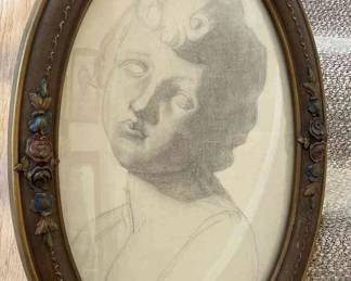 Original Drawing of Cherub In Antique Convex Frame
