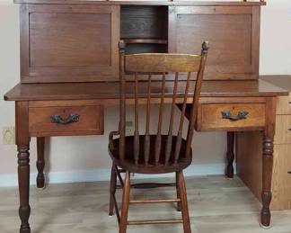 Plantation Desk With Sorting Hutch And Oak Chair, Antique