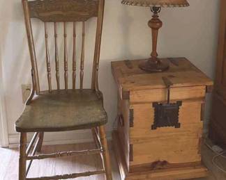 Rustic Smaller Pine Bin HandCrafted Lamp, Antique Chair 