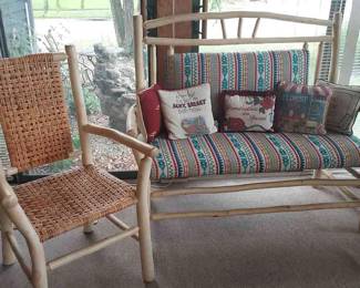 Rustic Upholstered Settee and Woven Wooden Armchair 
