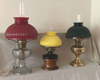 Trio Of Glass Shade Glass Brass Lamps