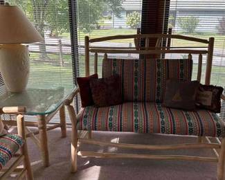 Two Person Wooden Settee With Lamp And Side Table