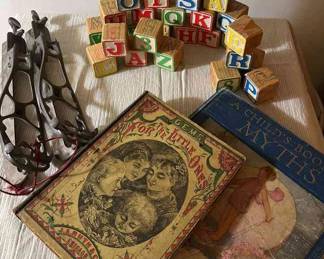 Vintage Wood Alphabet Blocks, Metal Attachable Ice Skates More