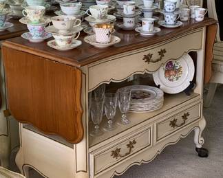 Server with collectible cups and saucer including Paragon and Royal Copenhagen 