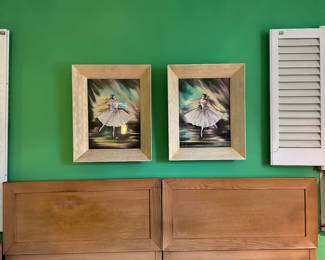 "Dancers" mixed media by Andre, above MCM "Picture-Moulding headboards/footboards