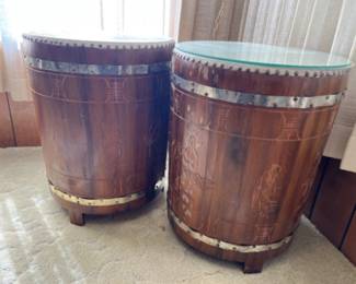 1950's Asian Wood Drum Tables w/Glass Tops
