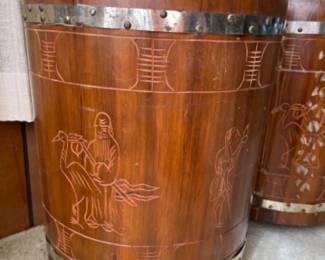1950's Asian Wood Drum Tables w/Glass Tops