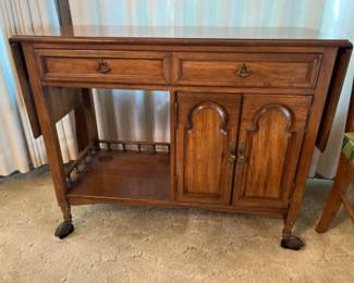Vintage Thomasville Pecan Wood Rolling Bar Cart Buffet