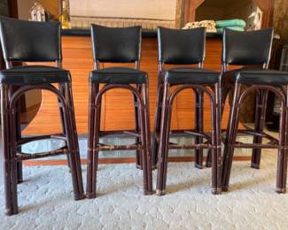 Mid Century Black Vinyl & Bamboo Tiki Bar Stools - Set of 4