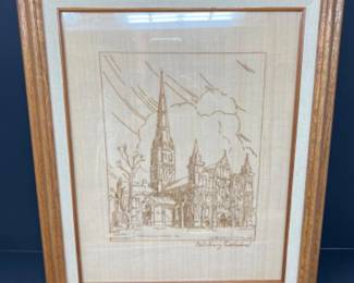 Vintage Framed Needlepoint Art of the Salisbury Cathedral