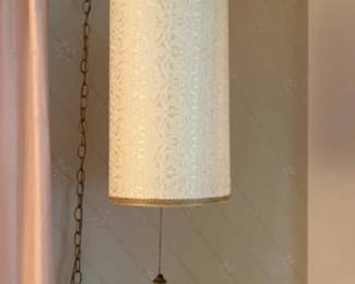 1970s Shimmery Barrel Swag Lamp with Amber Glass Pull