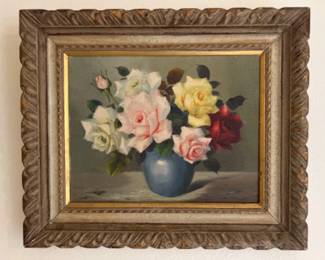 Mid Century Original Floral Still Life Painting - Signed