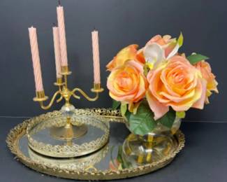 Gold Tone Ormolu Filigree Mirrored Trays, Tiny Candelabra, & More