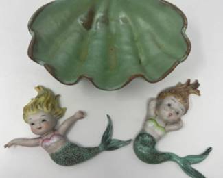 Vintage Kitsch Norcrest Mermaid Wall Plaques & Shell Dish