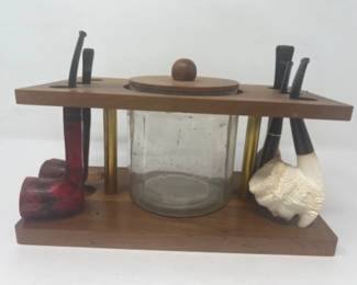 Vintage Wooden Pipe Tobacco Humidor Stand w/ Pipes