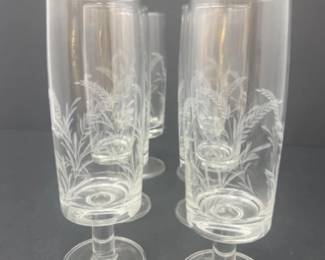 Vintage Set of 6 Wheat Etched 6 OZ Stemmed Glasses