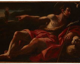 1009
17th/18th Century European School
Young Reclining John The Baptist With Lamb Pointing To Jesus
Oil on canvas laid to canvas
Appears unsigned
10.25" H x 14.5" W
Estimate: $1,500 - $2,500