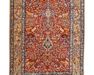 1010
Mid/late 20th century; Iran
A Persian Isfahan Rug
Signed: Mr. Sanaie
The wool and silk on silk foundation rug with a polychrome Tree of Life motif on a scarlet ground
5' 5" H x 3' 6" W
Estimate: $2,000 - $4,000