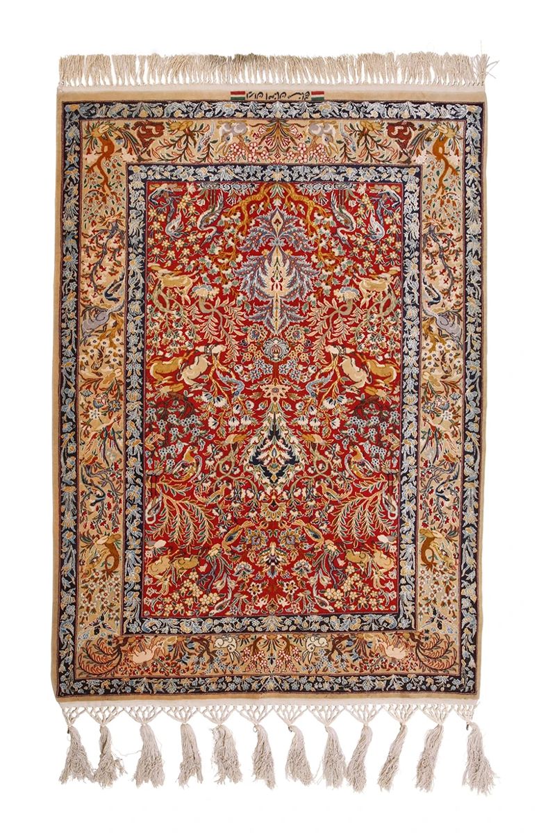 1010
Mid/late 20th century; Iran
A Persian Isfahan Rug
Signed: Mr. Sanaie
The wool and silk on silk foundation rug with a polychrome Tree of Life motif on a scarlet ground
5' 5" H x 3' 6" W
Estimate: $2,000 - $4,000