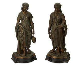 1012
After Eutrope Bouret, late 19th/early 20th century
A Pair Of French Bronze Statues
Wheat-bearing figure signed to the base: Bouret
The two bronzes each depicting pastoral female figures in period costume, one bearing water and the other wheat, 2 pieces
Each: 16.75" H x 7" W x 5" D
Estimate: $1,000 - $2,000