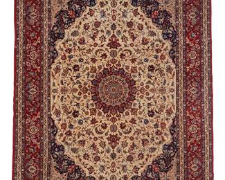 1011
Mid-20th century; Iran
A Persian Isfahan Large Area Rug
The wool-on-silk foundation area rug with polychrome foliate designs surrounding a central medallion on an ivory ground
12' 3" L x 9' 2" W
Estimate: $1,500 - $2,500