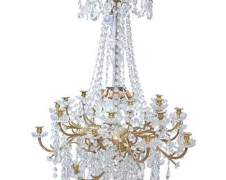 1015
Early 20th century
A Neoclassical-Style Chandelier
The thirty-six-light chandelier with twelve converted to electrified lights, brass frame with multiple arms radiating from a central globe shape featuring allover faceted glass beading and cut leaded glass geometric tear drop prisms, suspended from a cut glass mount centering molded glass foliate forms by a crystal ensconced central pole, electrified
52" H x 32" Dia.
Estimate: $800 - $1,200