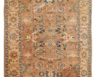1019
21st century
A Pakistani Tabriz Area Rug
The wool-on-cotton foundation rug with all-over salmon and cerulean geometric motifs on a tan ground
13' 1" L x 10' 2" W
Estimate: $800 - $1,200