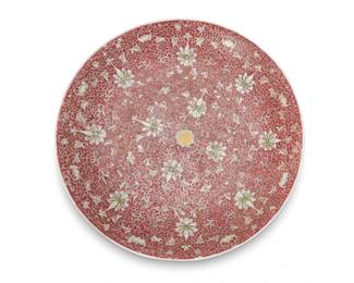 1024
Republic Period 1912-1949 or later
A Chinese Enameled Porcelain Charger
Marked to the underside in red enamel bearing an apocryphal reign mark for Qianlong Period (1736-95)
With all-over pink enameling incised with vine, bat, and lotus motifs surrounding a central yellow medallion
2.25" H x 16" Dia.
Estimate: $800 - $1,200